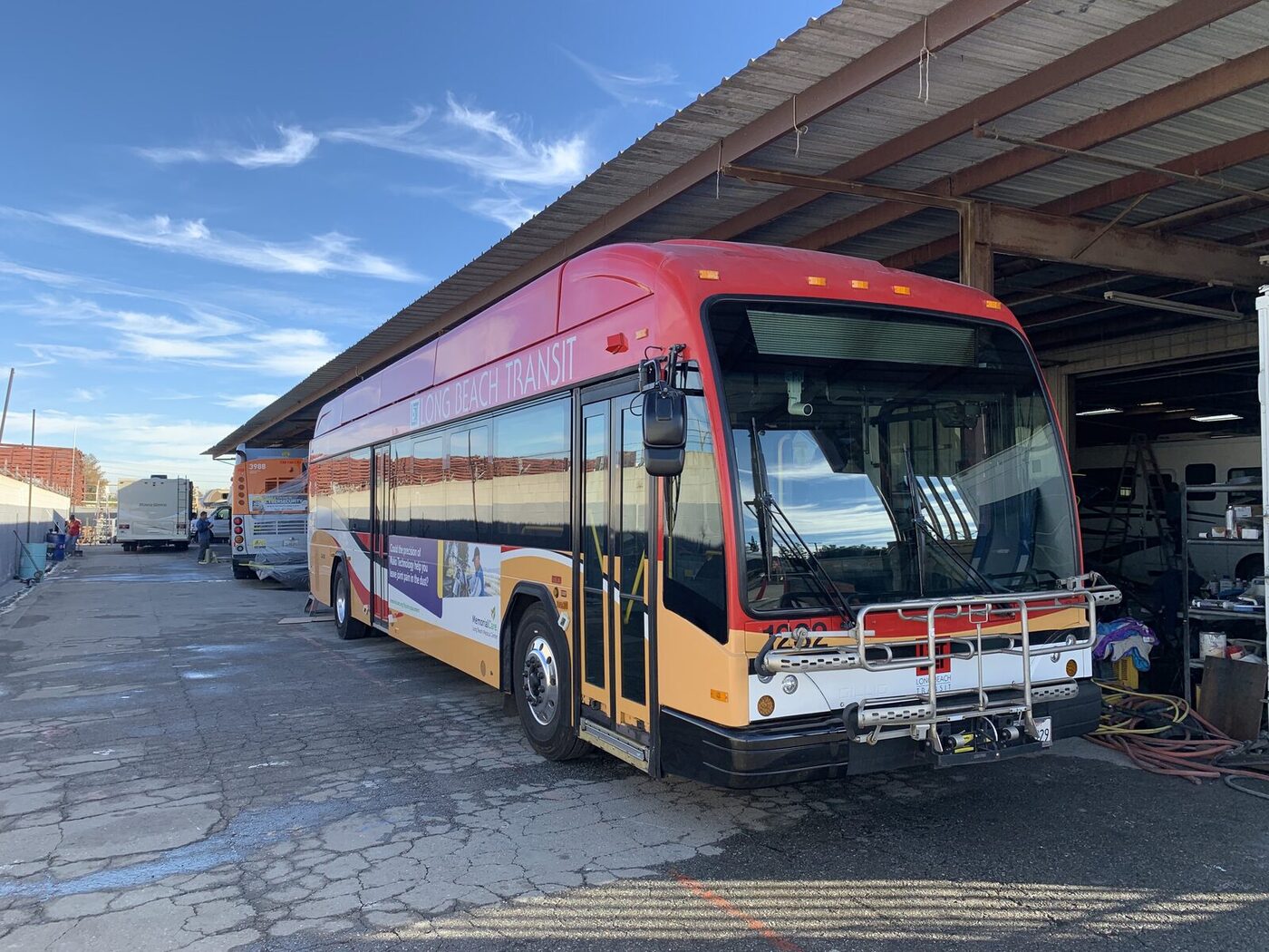Long Beach Transit Gillig 1232 after windshield replacement and front-end repair and refinish