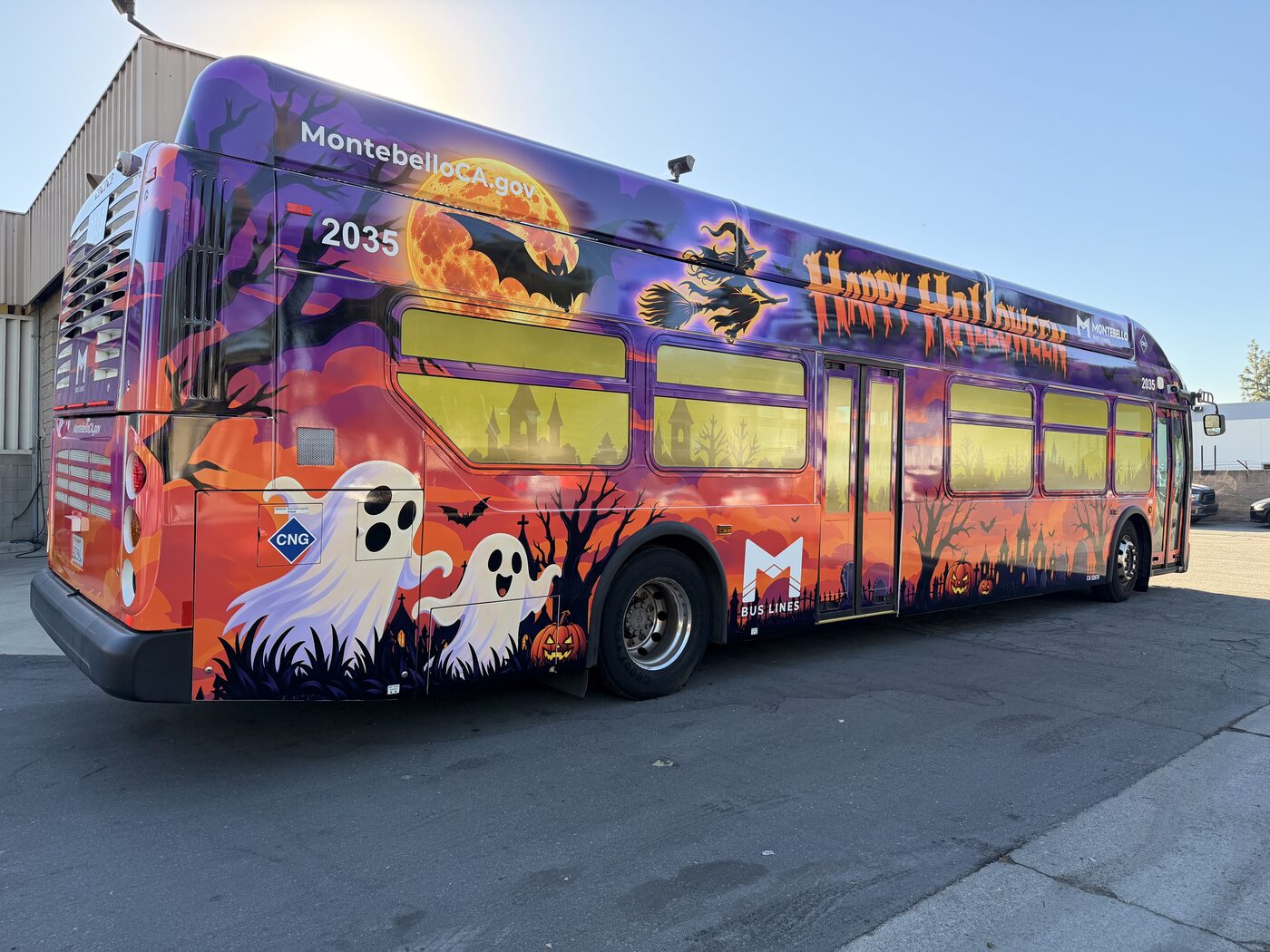 Montebello Bus Lines 2035 Halloween wrap, rear three-quarter view with perforated window graphics